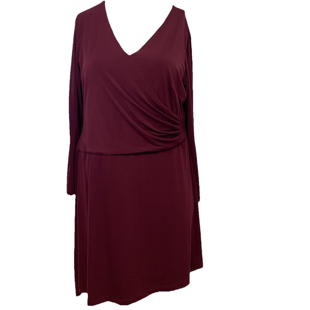 Donna Ricco Burgundy Faux Wrap Dress 2X Long Flare Slit Sleeve Stretch USA